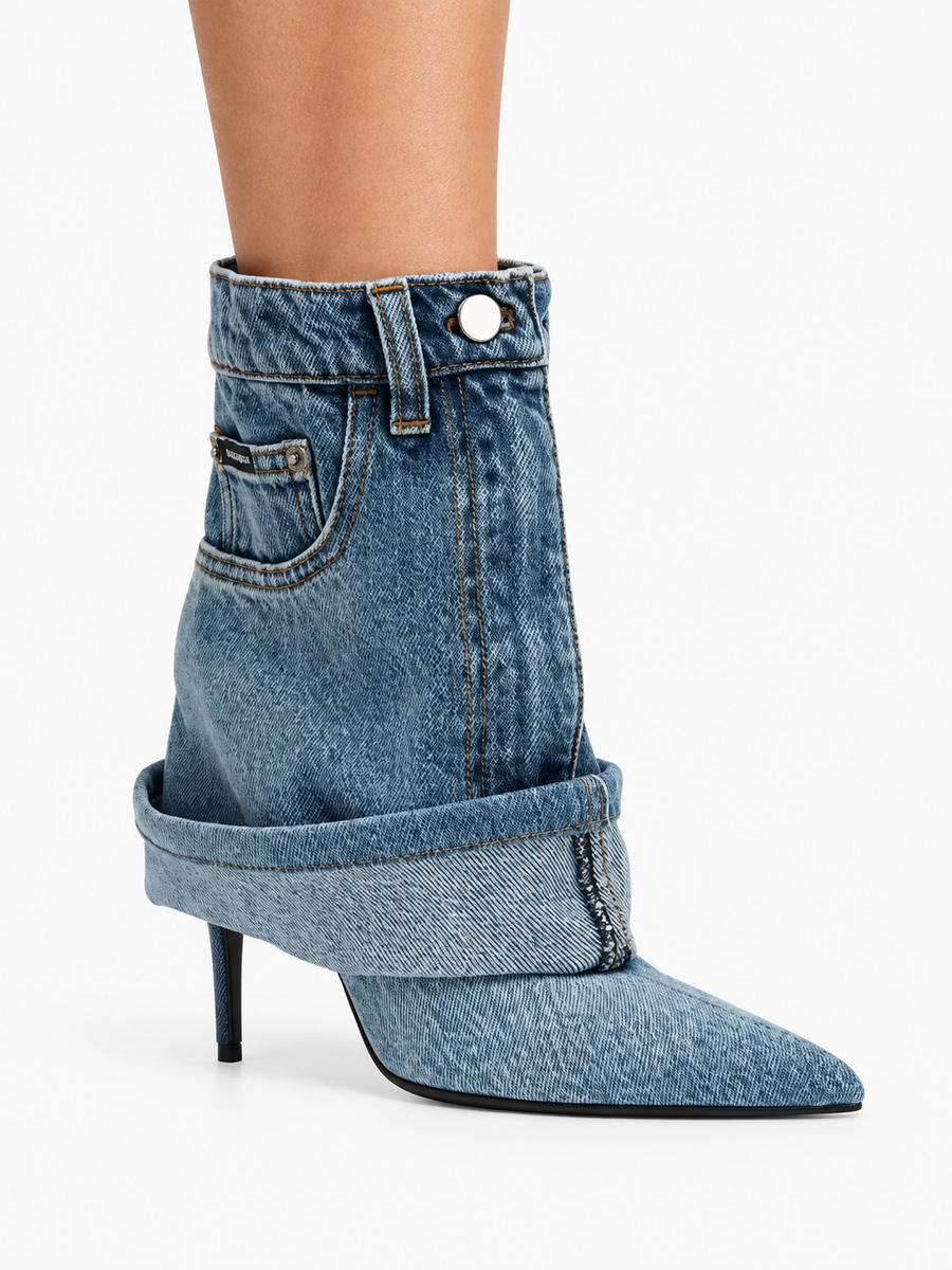 Clio – Bottine à talon en jean femme – Bleu — portée