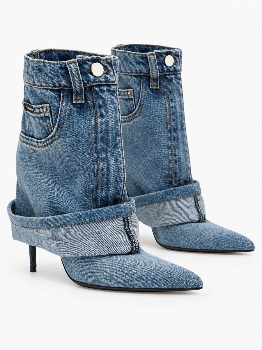 Clio – Bottine à talon en jean femme – Bleu — trois quarts