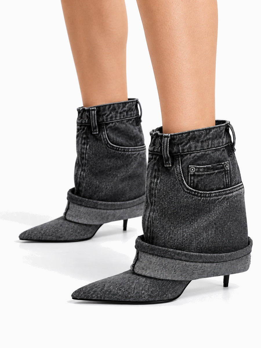 Clio – Bottine à talon en jean femme – Noir — portée