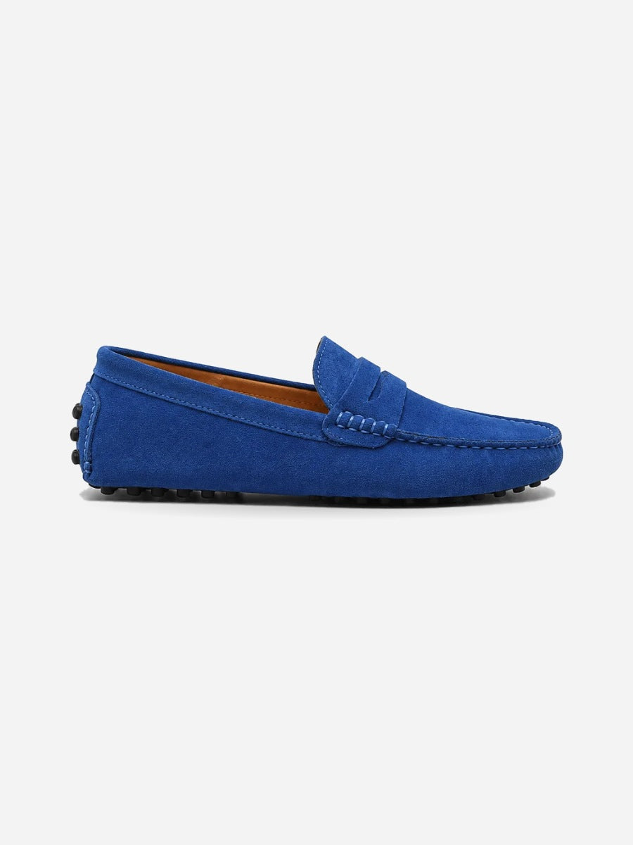 Amir – Mocassin en daim souple homme – Bleu — profil droit