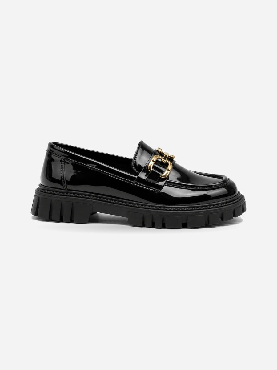 Bianca – Mocassin enfant en cuir verni à boucle – Noir — profil droit