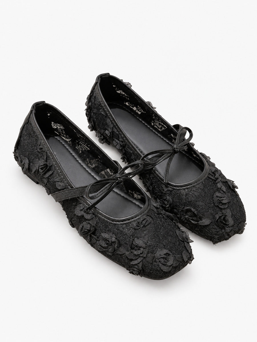 Ambre-Rose – Babies en dentelle fleurie femme – Noir — trois quarts