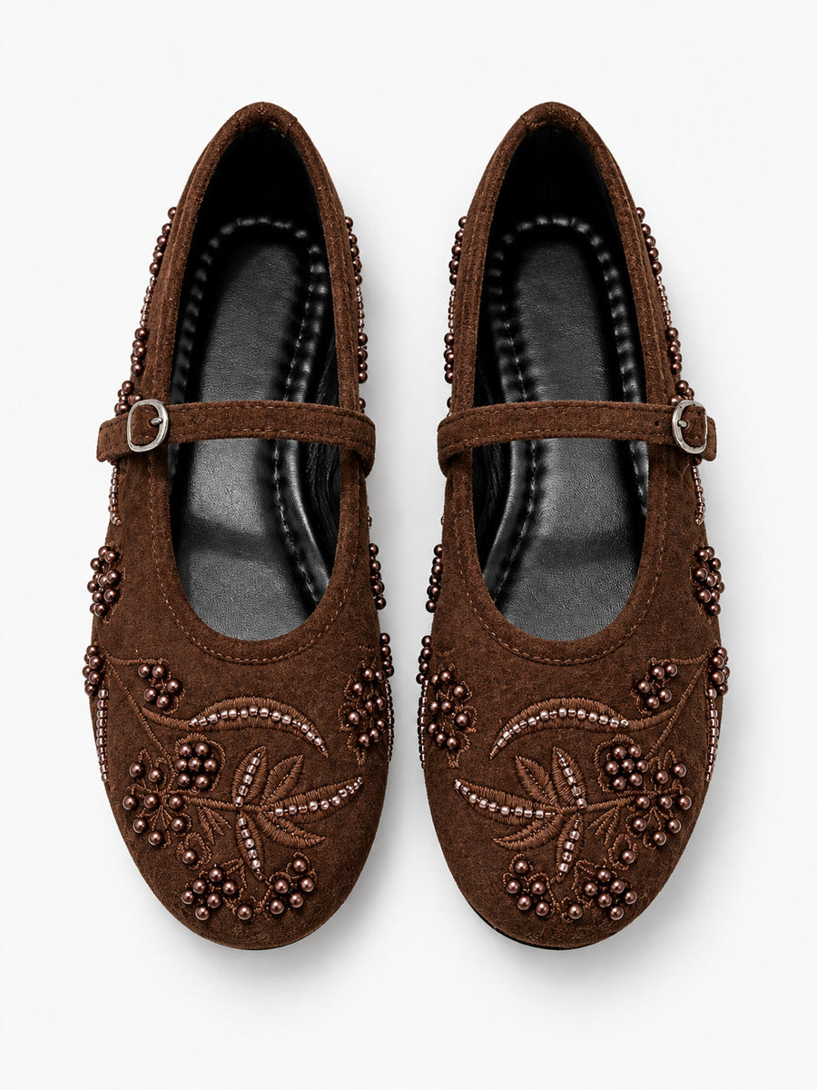 Madeleine-Rose – Babies brodées à perles femme – Marron — dessus