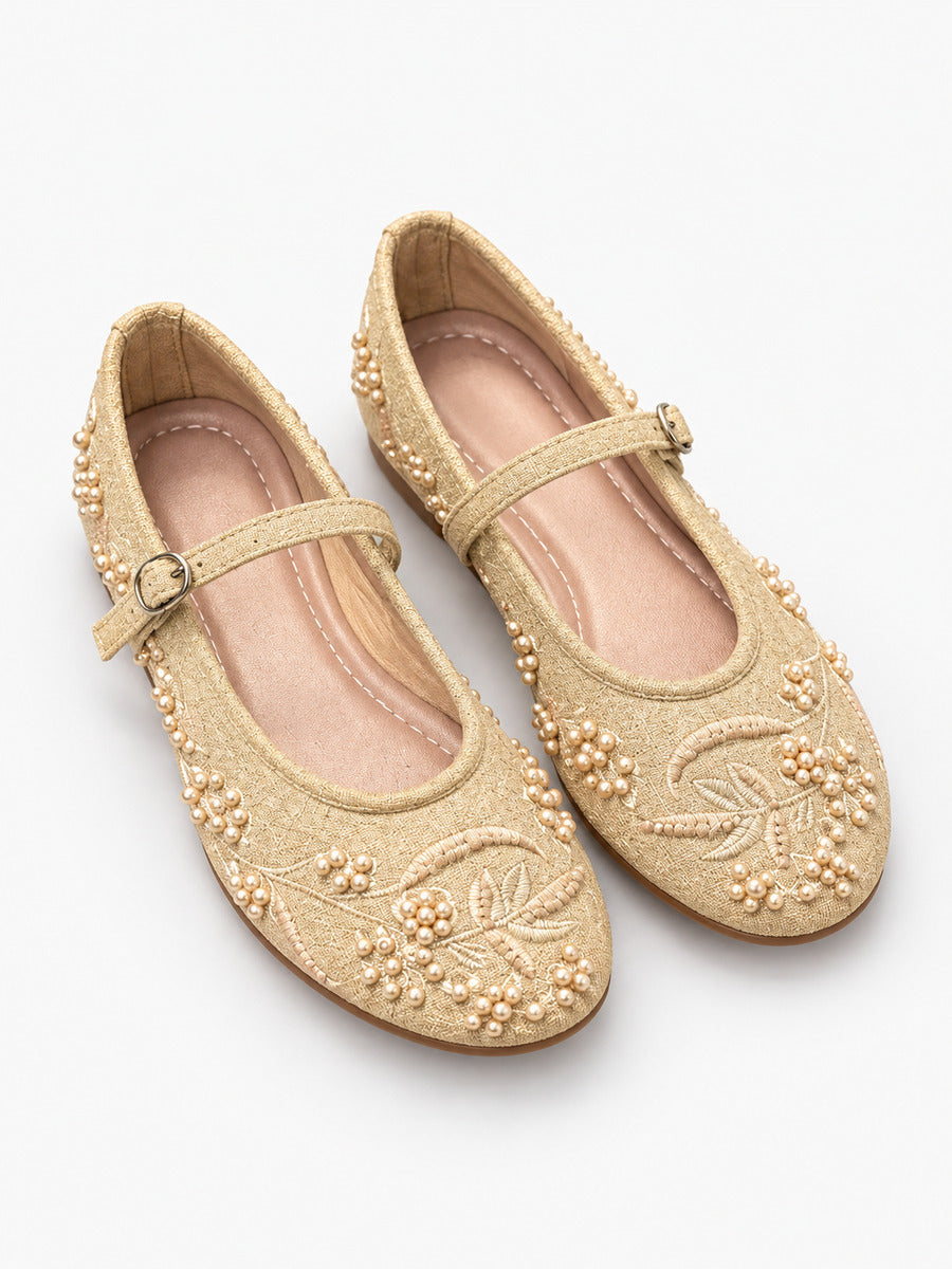 Madeleine-Rose – Babies brodées à perles femme – Abricot — trois quarts