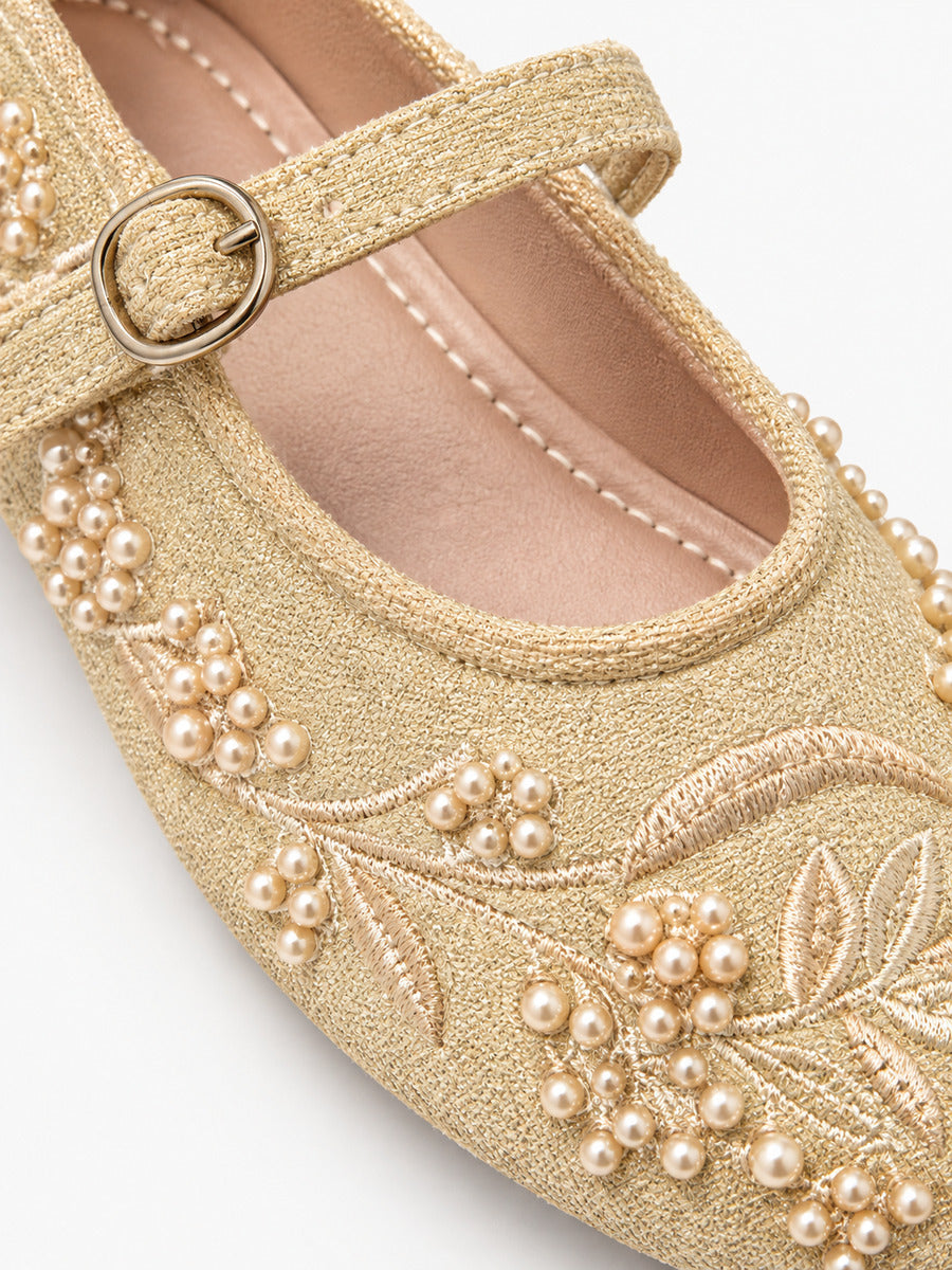Madeleine-Rose – Babies brodées à perles femme – Abricot — détail