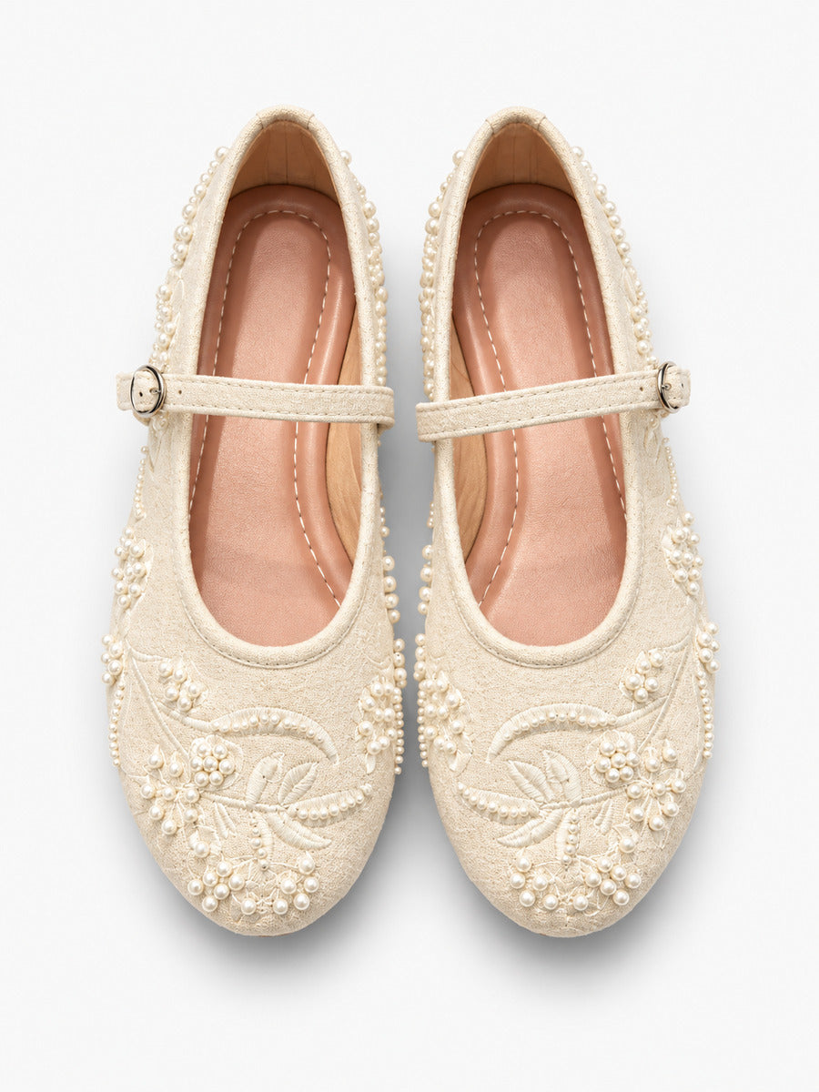 Madeleine-Rose – Babies brodées à perles femme – Beige — dessus