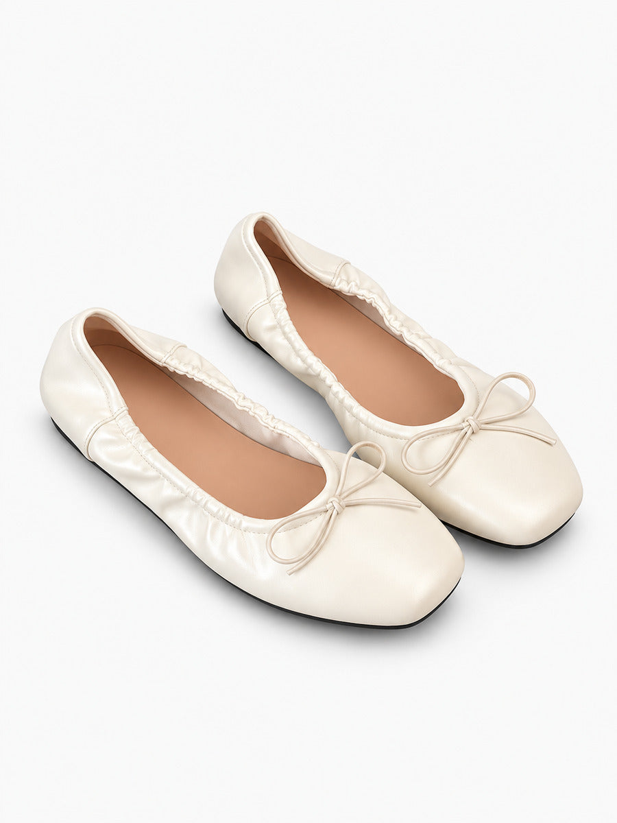 Margaux-Rose – Ballerine à volants et nœud femme – Beige — trois quarts