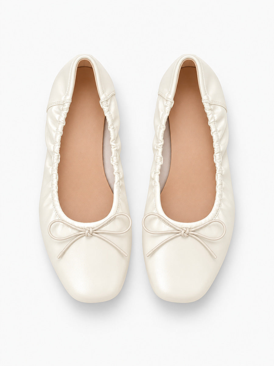 Margaux-Rose – Ballerine à volants et nœud femme – Beige — dessus