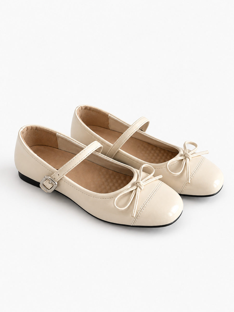 Mathilde-Rose – Ballerine vintage à nœud papillon femme – Beige — trois quarts