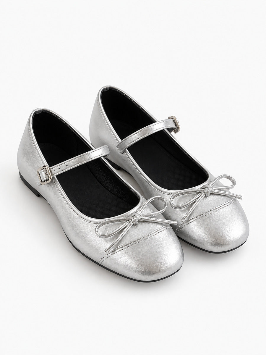 Mathilde-Rose – Ballerine vintage à nœud papillon femme – Argent — trois quarts