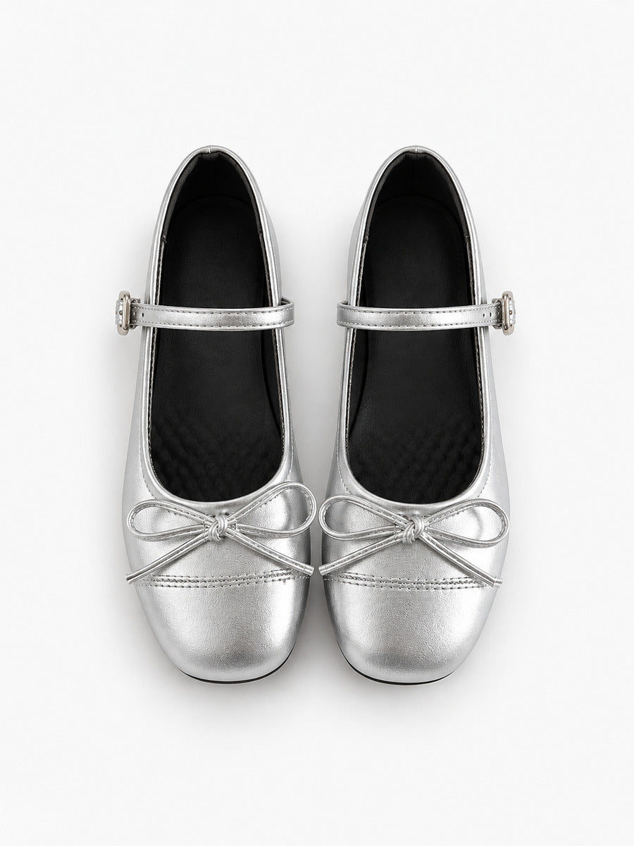 Mathilde-Rose – Ballerine vintage à nœud papillon femme – Argent — dessus