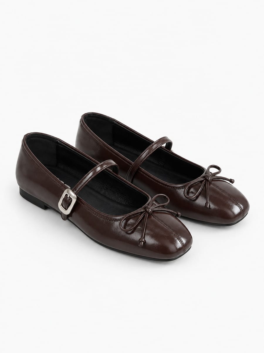 Mathilde-Rose – Ballerine vintage à nœud papillon femme – Marron — trois quarts