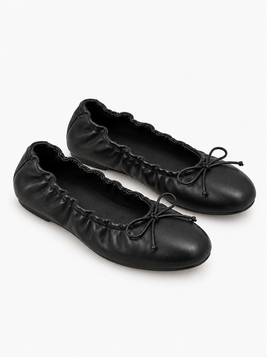Mélanie-Rose – Babies en cuir souple à nœud femme – Noir — trois quarts