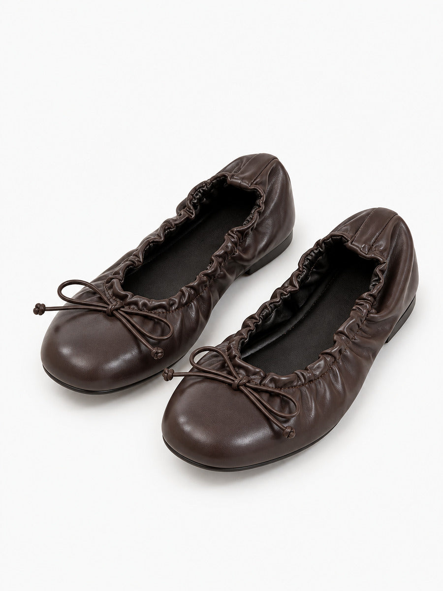 Mélanie-Rose – Babies en cuir souple à nœud femme – Marron — trois quarts