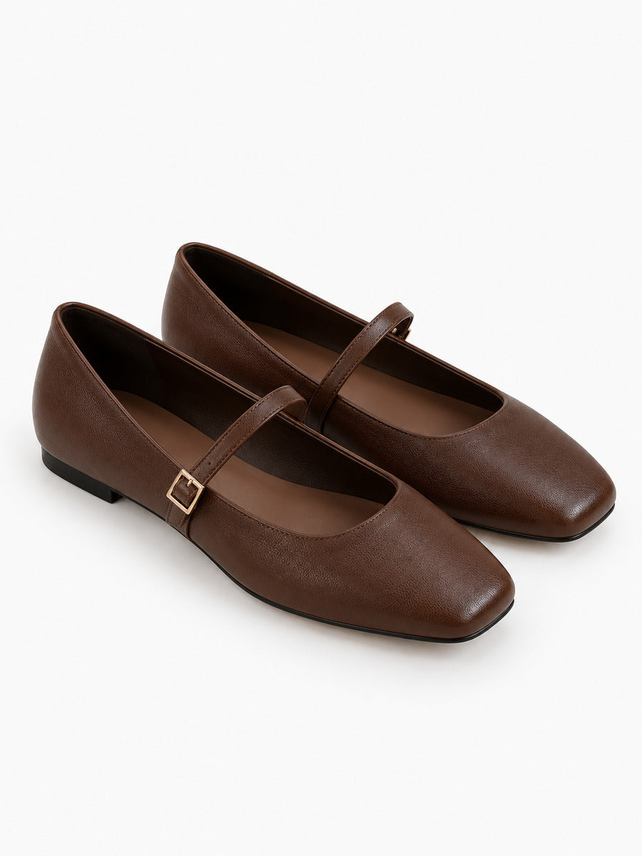 Pauline-Rose – Babies en cuir souple bout carré femme – Marron — trois quarts