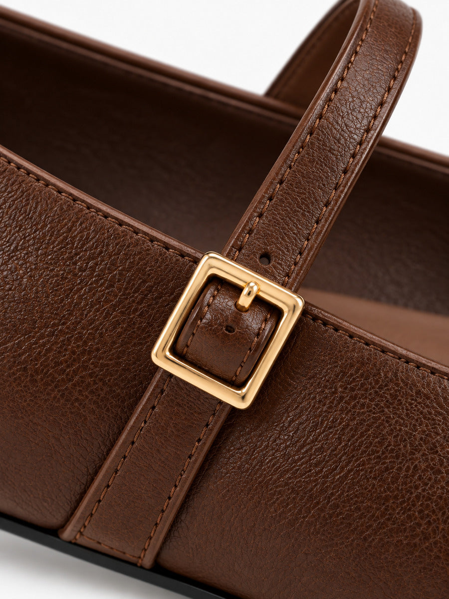Pauline-Rose – Babies en cuir souple bout carré femme – Marron — détail