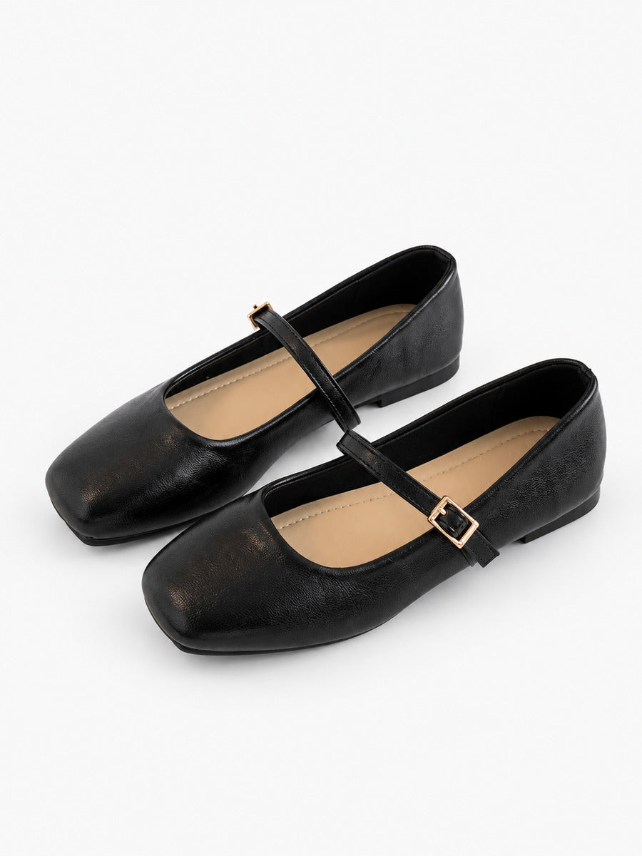 Pauline-Rose – Babies en cuir souple bout carré femme – Noir — trois quarts