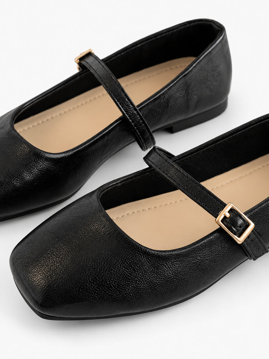 Pauline-Rose – Babies en cuir souple bout carré femme – Noir — détail