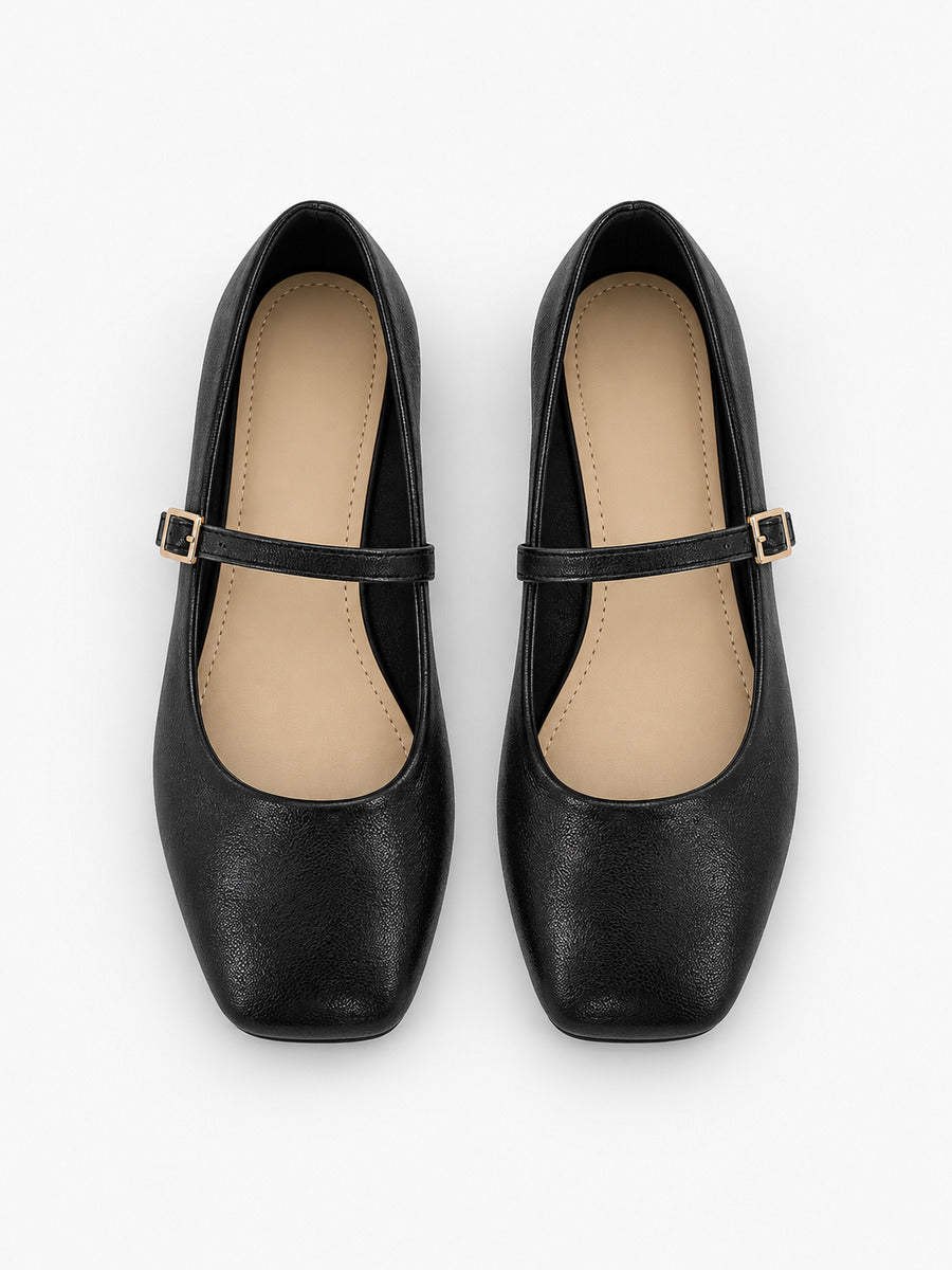 Pauline-Rose – Babies en cuir souple bout carré femme – Noir — dessus