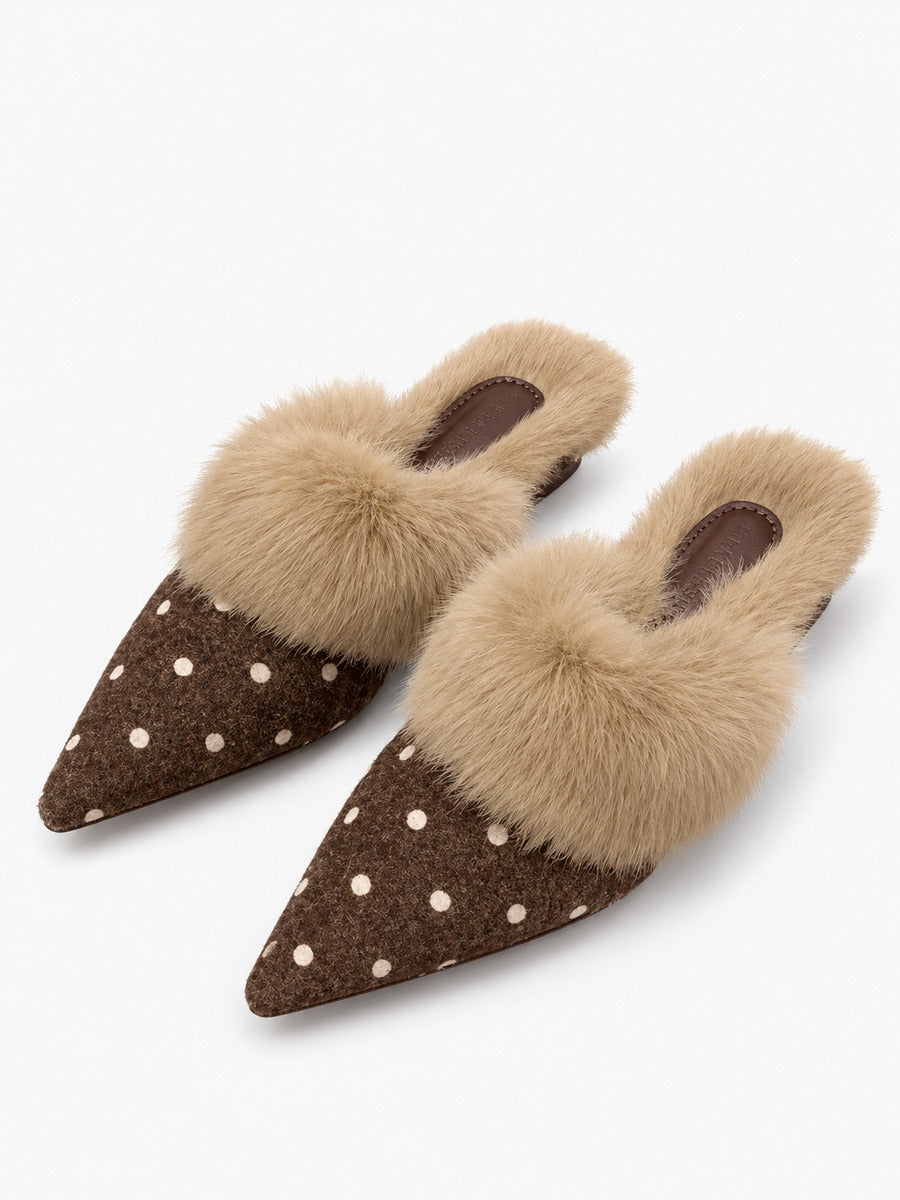Stella-Marie – Mule fourrée à pois pointue femme – Kaki — trois quarts