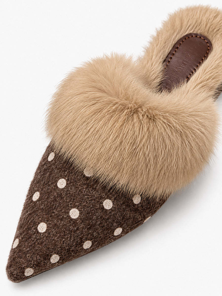Stella-Marie – Mule fourrée à pois pointue femme – Kaki — détail