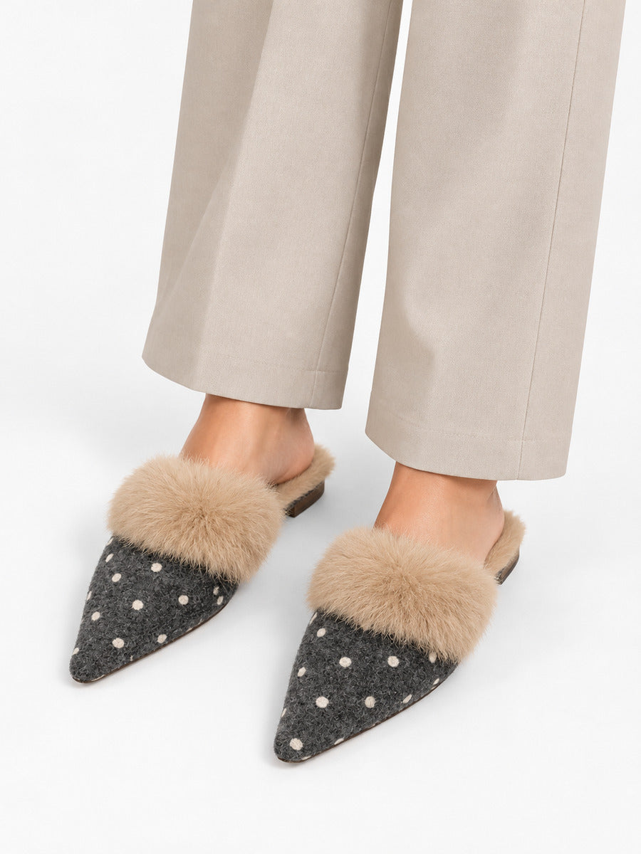 Stella-Marie – Mule fourrée à pois pointue femme – Gris — portée