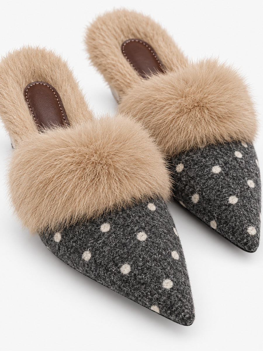 Stella-Marie – Mule fourrée à pois pointue femme – Gris — détail