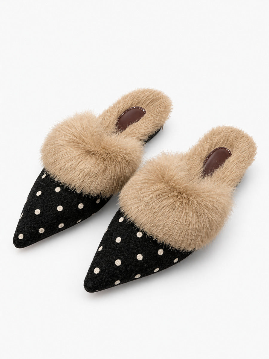 Stella-Marie – Mule fourrée à pois pointue femme – Noir — trois quarts