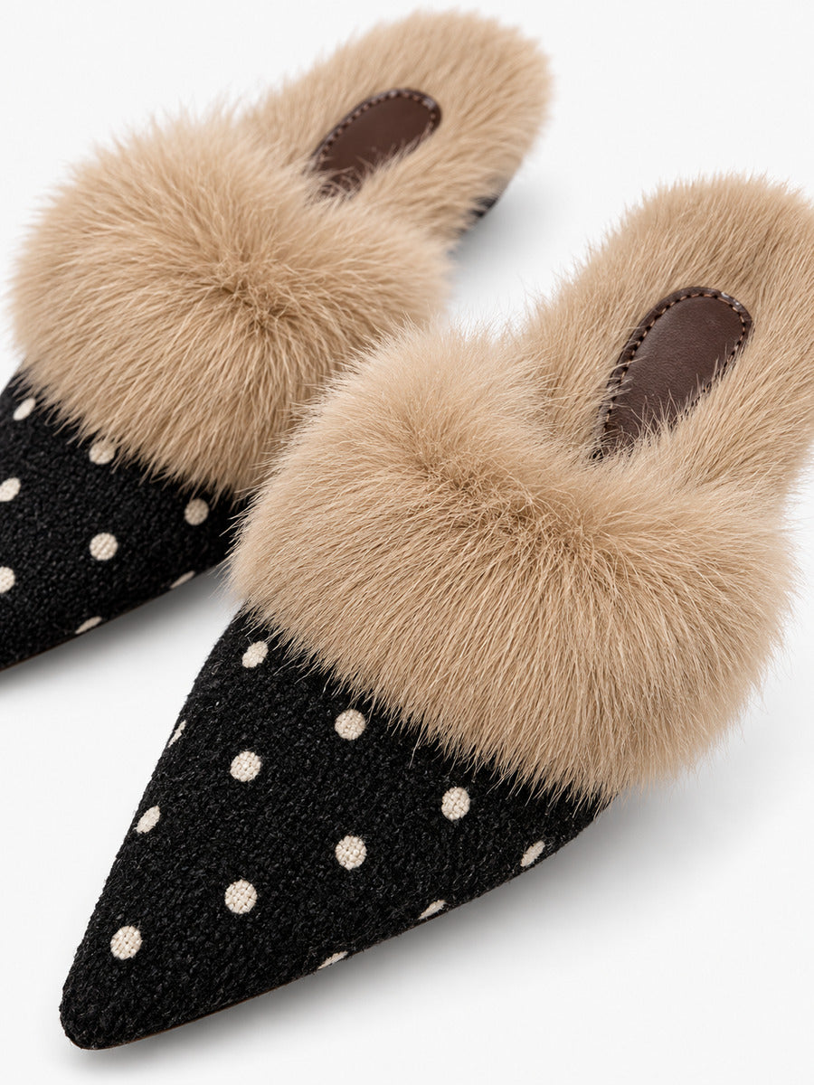 Stella-Marie – Mule fourrée à pois pointue femme – Noir — détail