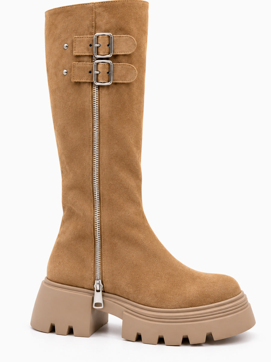 Alicia – Botte haute en daim vintage à boucles femme — détail
