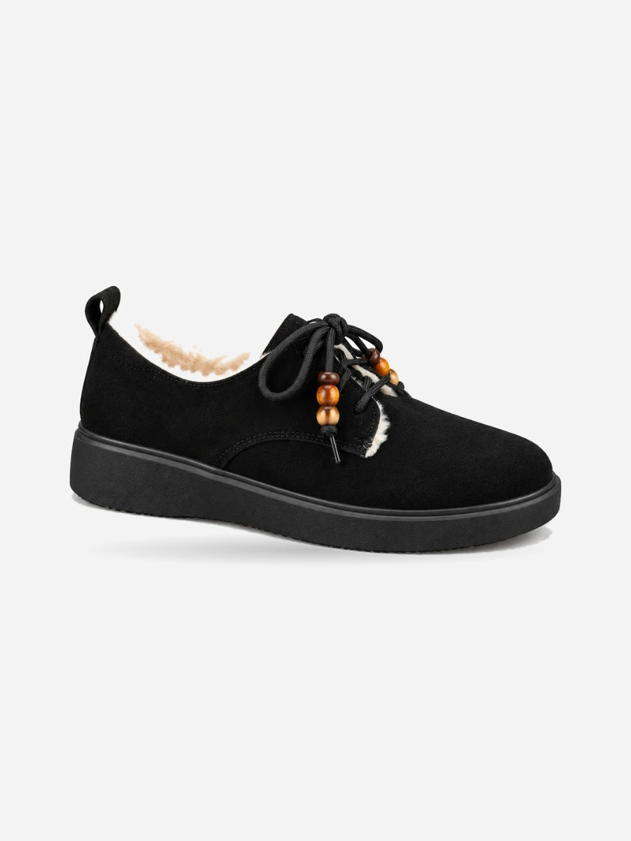 Domitille – Mocassin en daim noir à fourrure femme — profil droit
