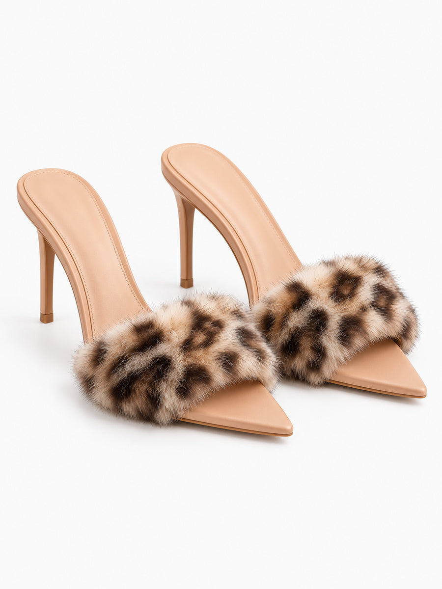 Edith – Mule fourrée à talon femme – Léopard — trois quarts