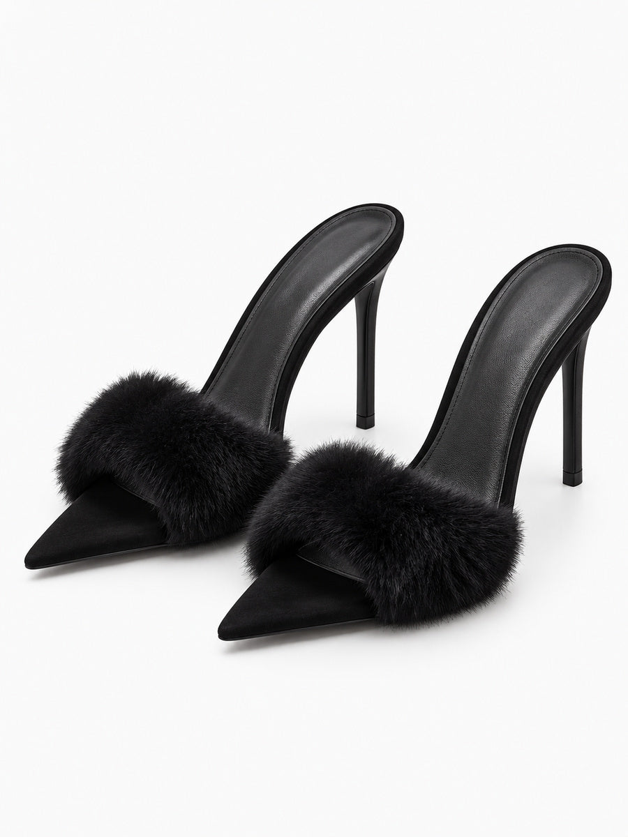 Edith – Mule fourrée à talon femme – Noir — trois quarts
