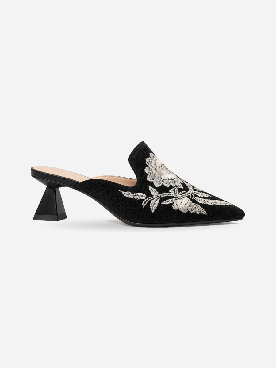 Elia – Mule brodée femme – Noir — profil droit