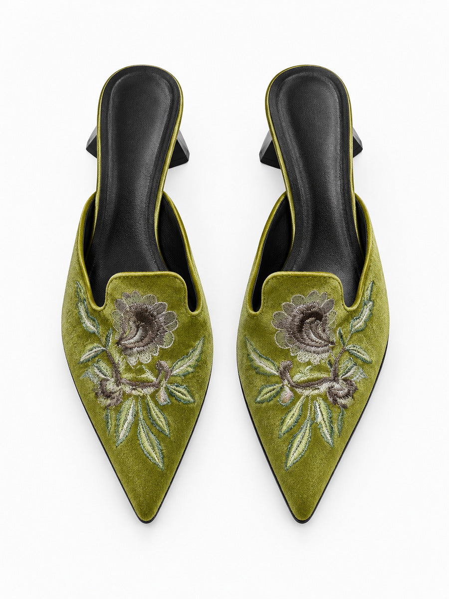 Elia – Mule brodée femme – Vert — dessus