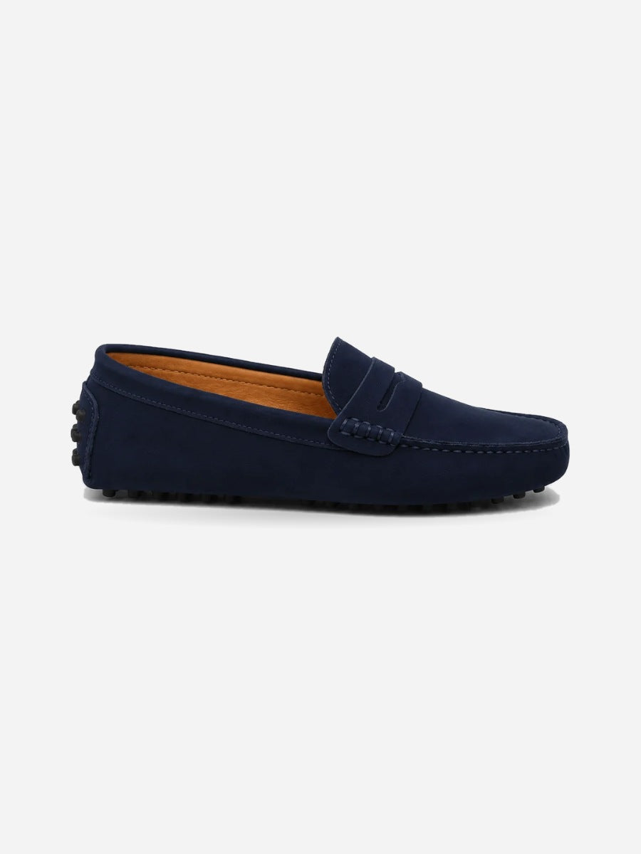Elias – Mocassin en daim souple homme – Bleu marine — profil droit