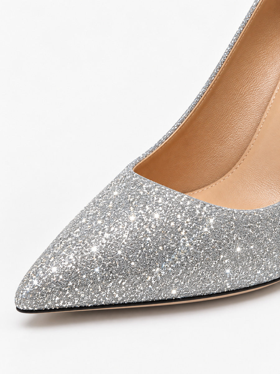 Elsa – Escarpin pointu à talon haut femme – Argenté — détail