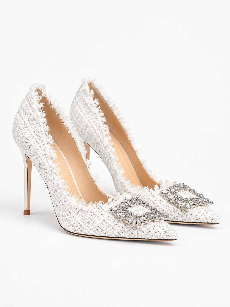 Flora – Escarpin blanc tressé à strass femme — paire vue trois-quarts