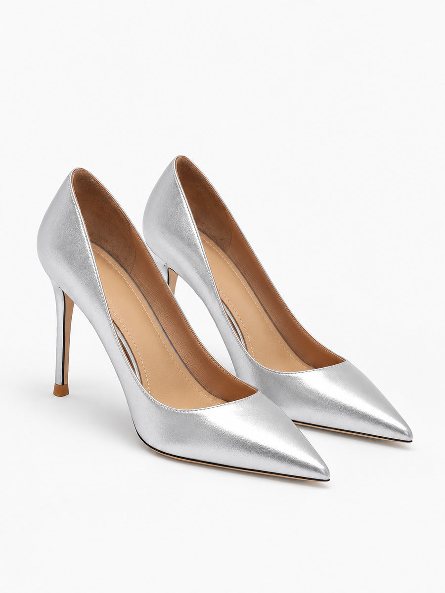 Florence – Escarpin à talon fin femme – Argenté — paire vue trois-quarts