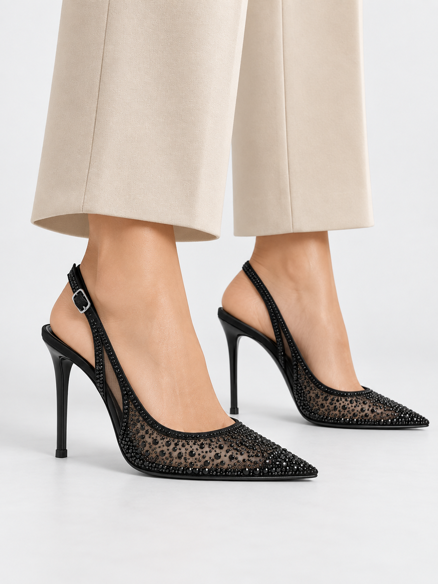 Gabrielle – Escarpin à talon épais fleuri femme – Noir — portée