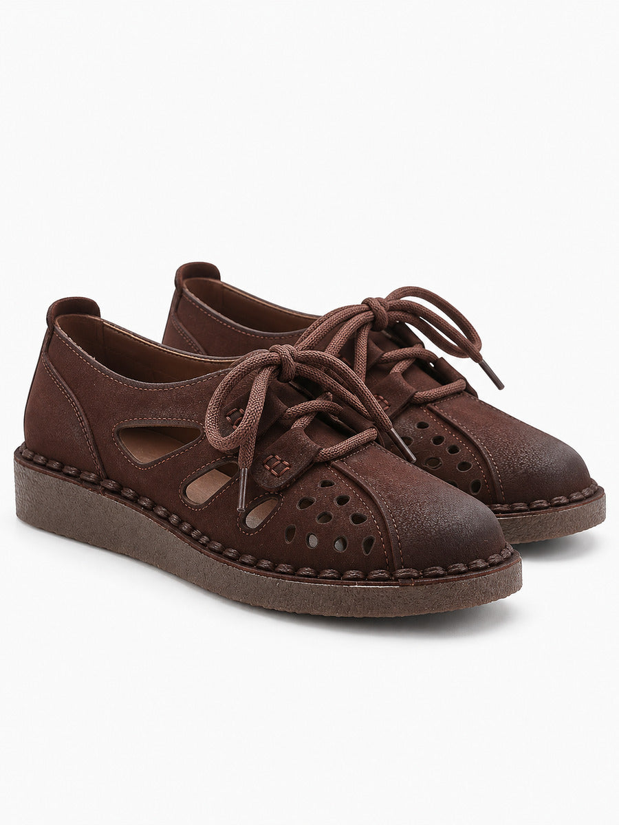 Gisèle – Sandale compensée en cuir femme – Marron foncé — paire 3/4