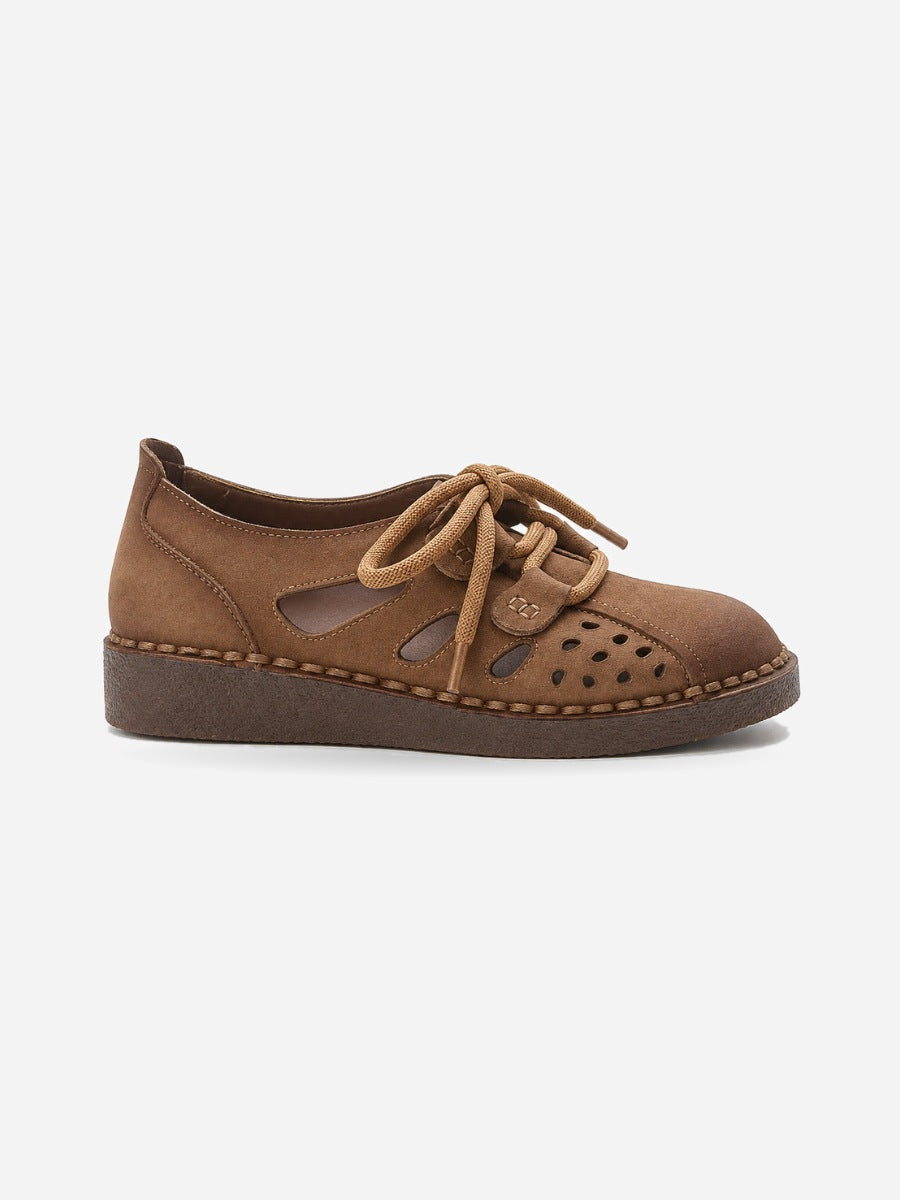 Gisèle – Sandale compensée en cuir femme – Marron — profil droite