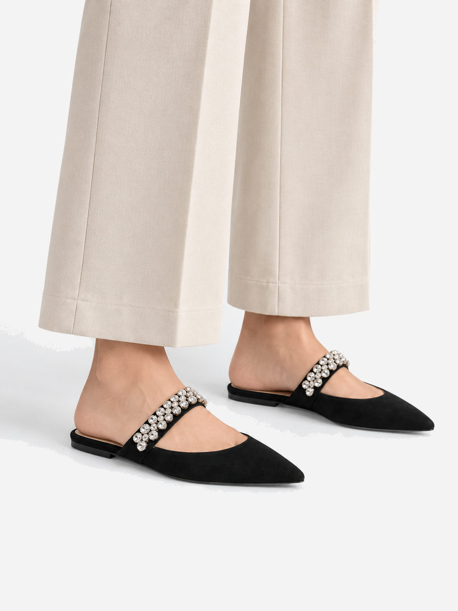 Giulia – Ballerine en cuir à cristaux femme – Noir — portée