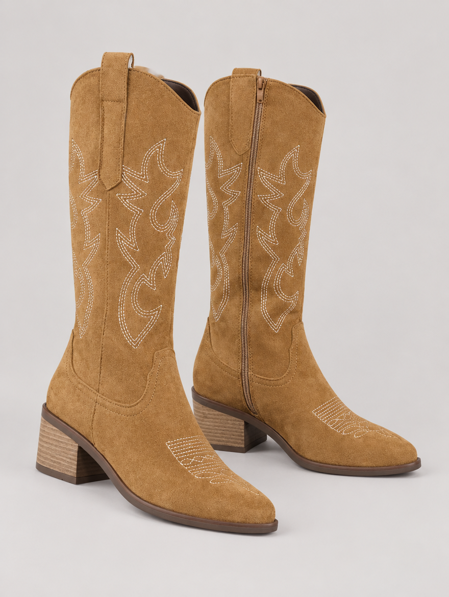 Mathilda – Botte cowboy brodée femme – Marron clair — vue trois quarts