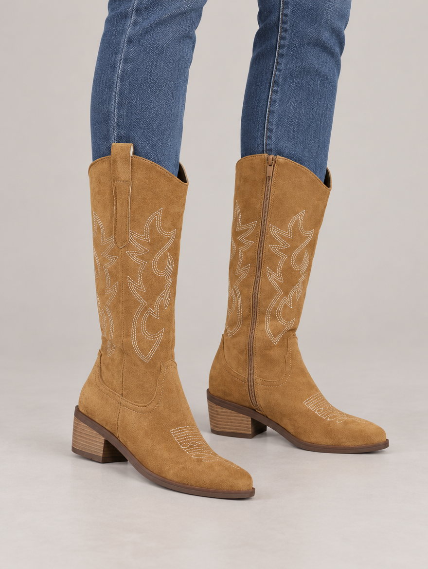 Mathilda – Botte cowboy brodée femme – Marron clair — portée