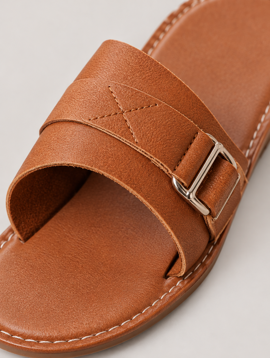 Nadège – Sandale plate à boucle femme – Marron — détail