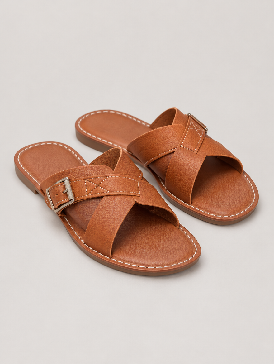 Nadège – Sandale plate à boucle femme – Marron — vue trois quarts