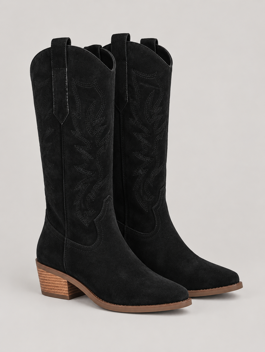 Mathilda – Botte cowboy brodée femme – Noir — vue trois quarts