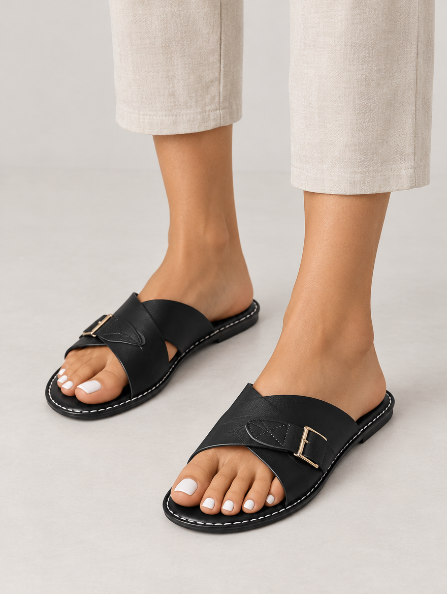 Nadège – Sandale plate à boucle femme – Noir — portée