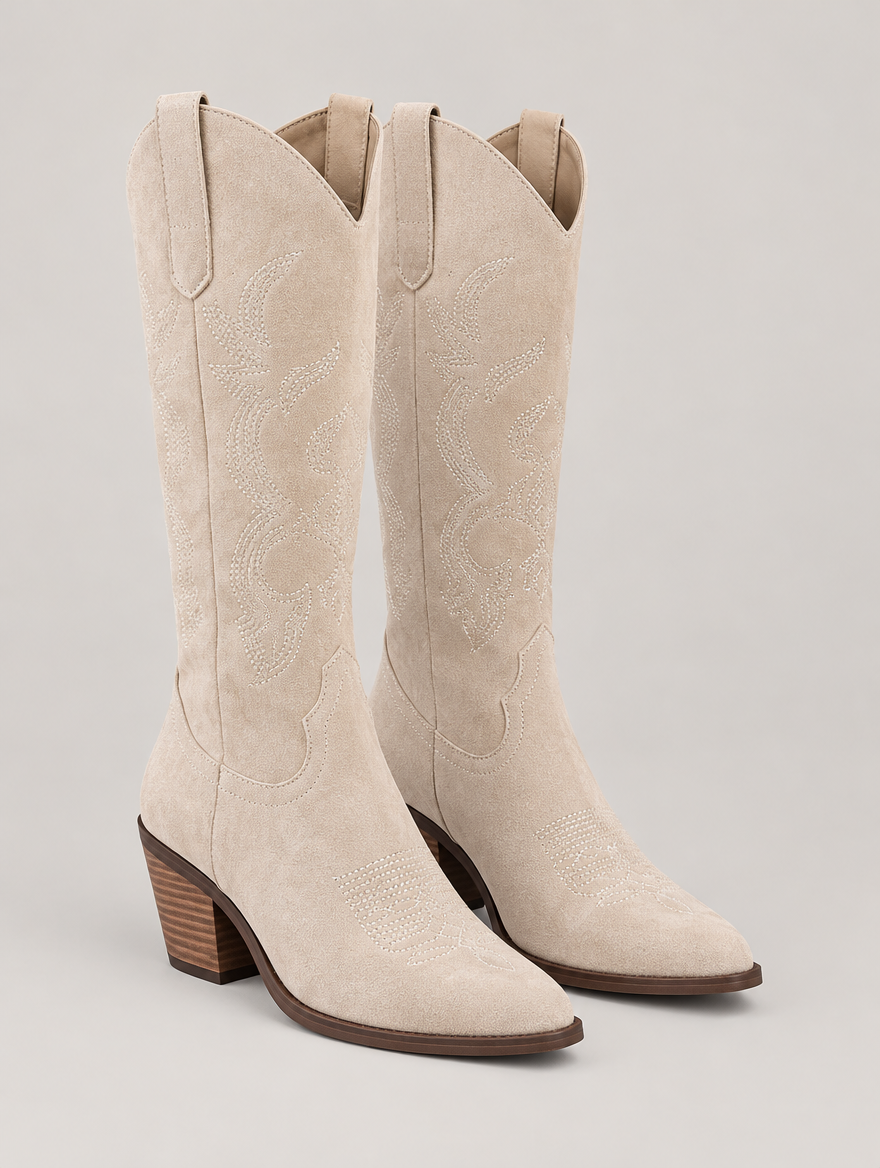 Mathilda – Botte cowboy brodée femme – Beige — vue trois quarts